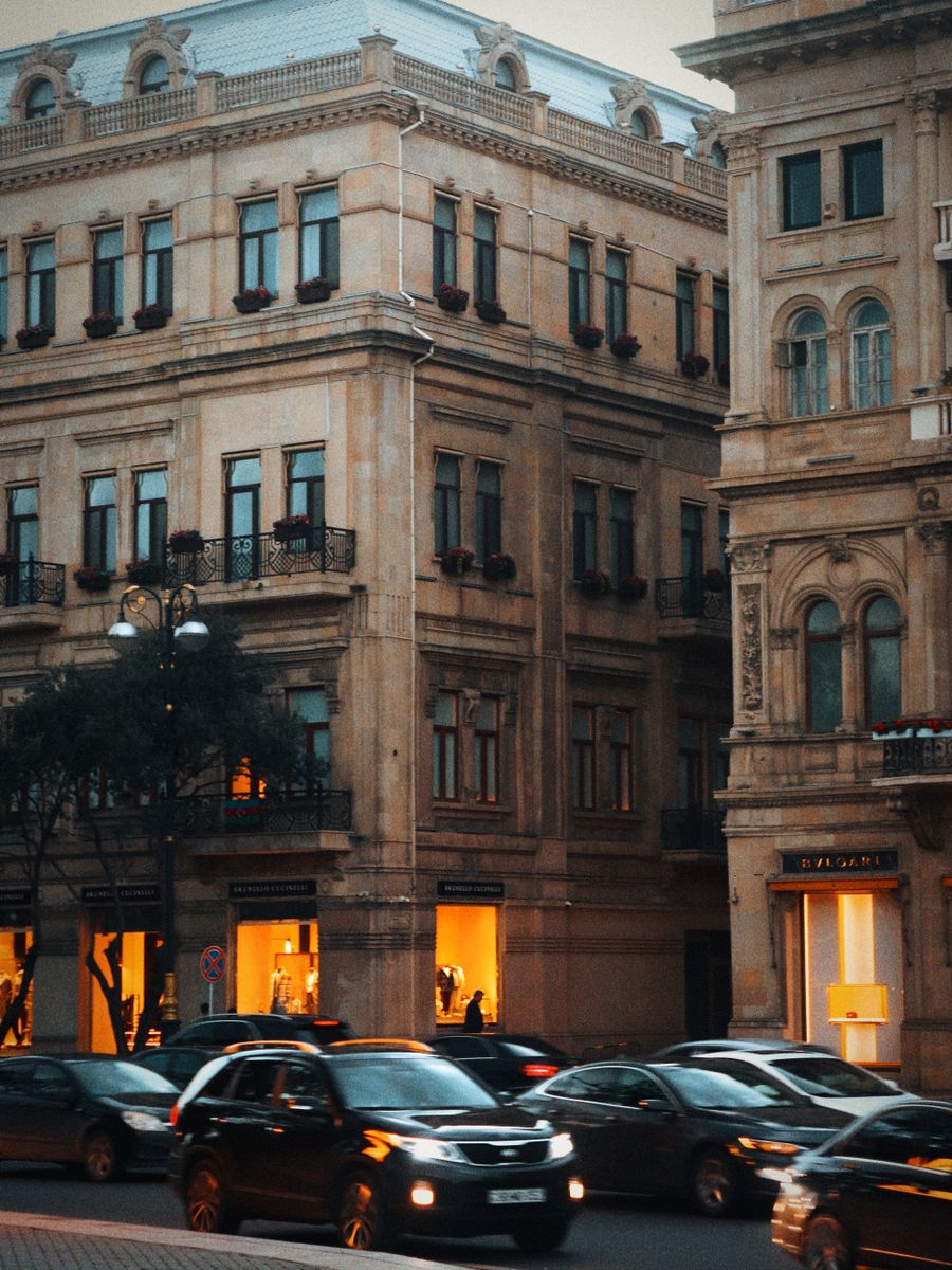 Warm evening light on classical architecture in central Baku